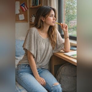 Willow & Root Twist Front Top Medium Taupe Flutter Sleeve Soft Knit Boho Blouse